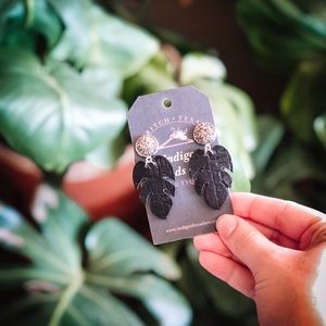 Silver Druzy & Cork Monstera Leaf Dangle Earrings